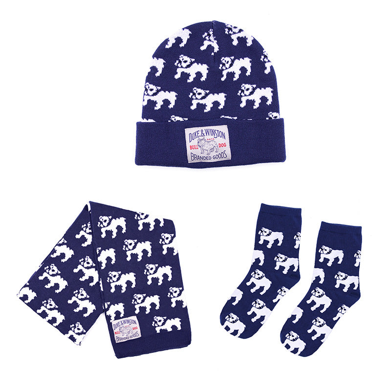 Woven Bulldog Beanie, Scarf & Socks Set