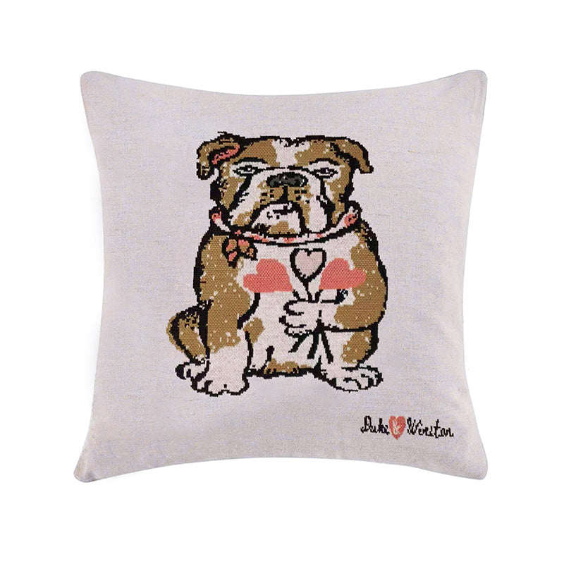 Bulldog Flowers Throw Pillow (Beige)